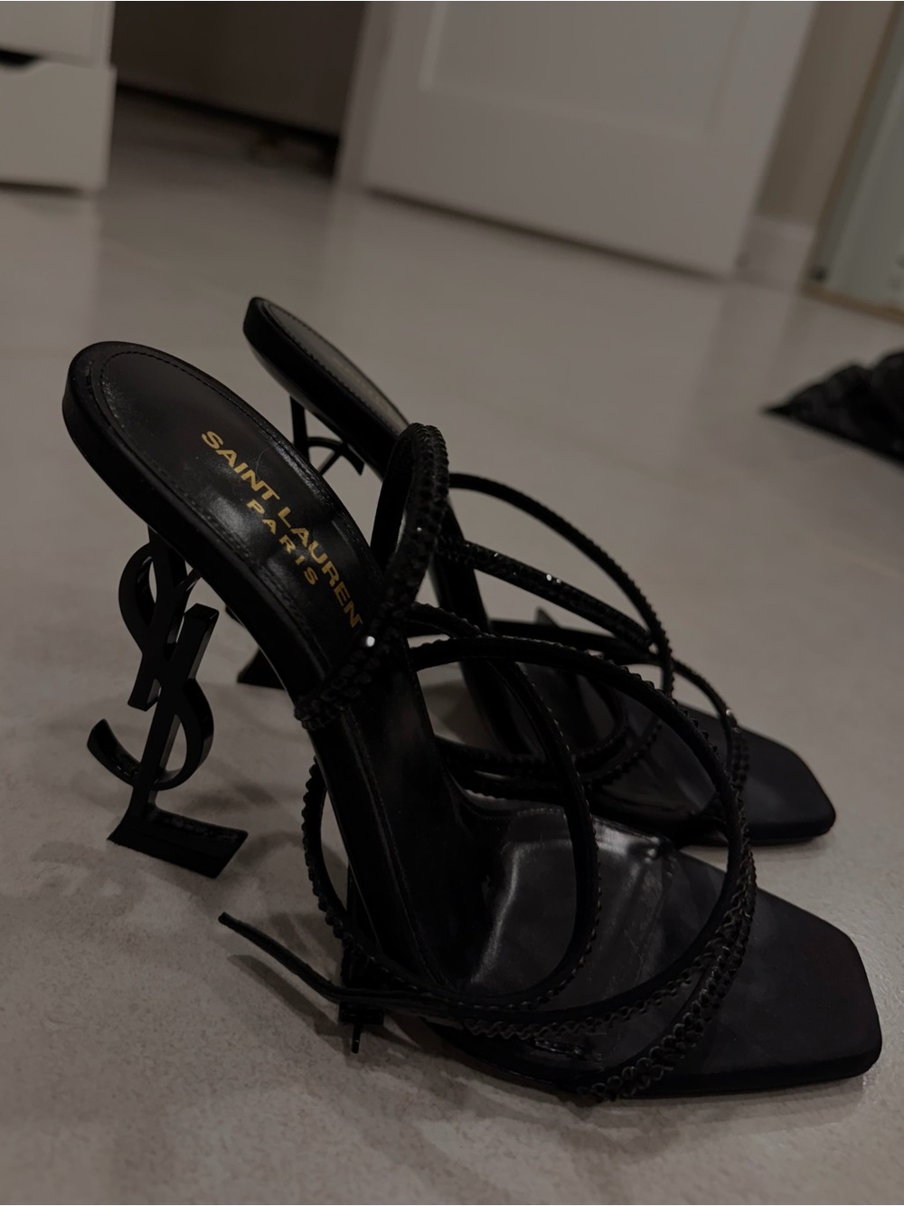 Saint Laurent Black Braided-Strap Logo-Heel Sandals